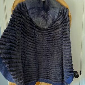 Bloomingdale's Luxurious Blue Fur-Trimmed Poncho / Jacket/ Coat